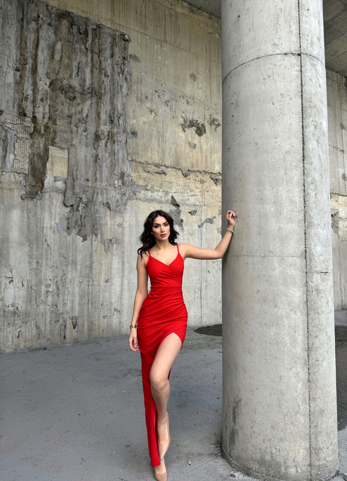 Emily Kruvaze Yaka İp Askı Yırtmaçlı Abiye 582193 KIRMIZI