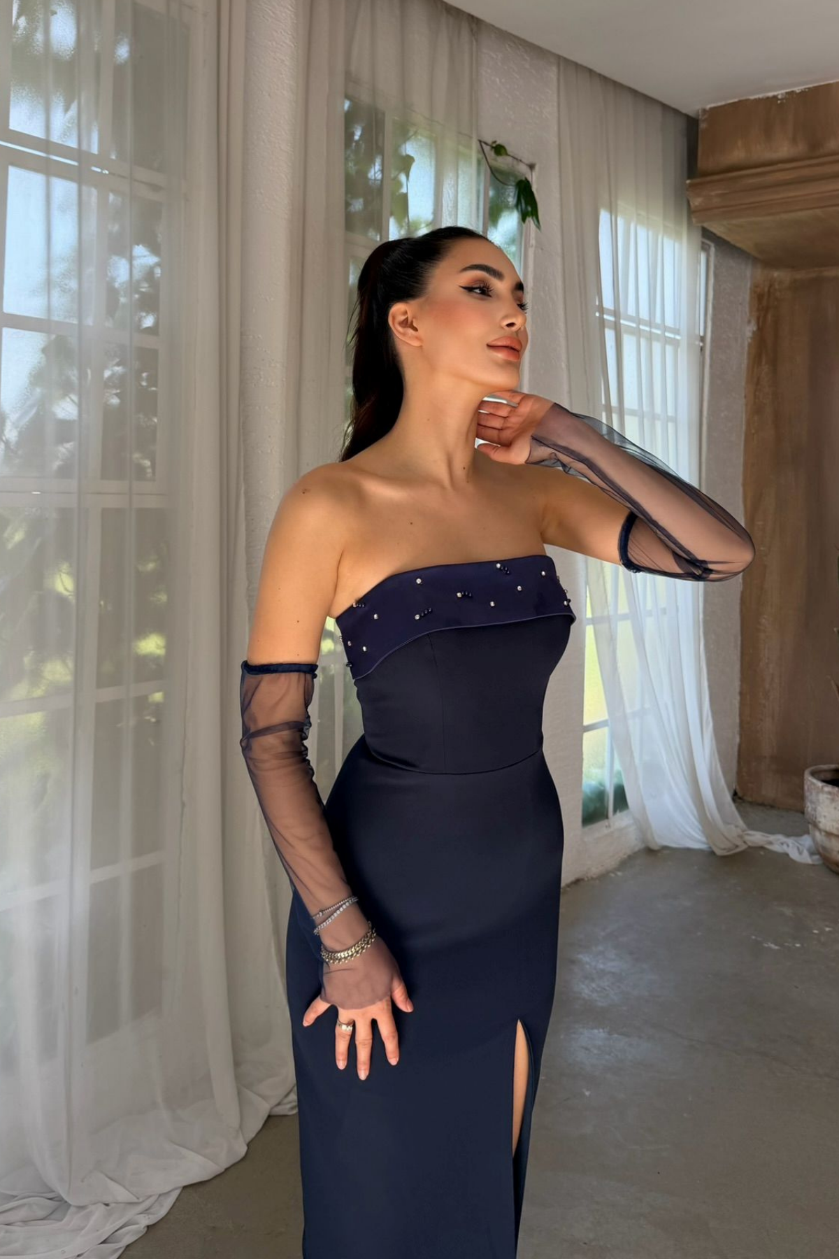 Esin Straplez Kolları Tül Midi Elbise 1079 LACİVERT