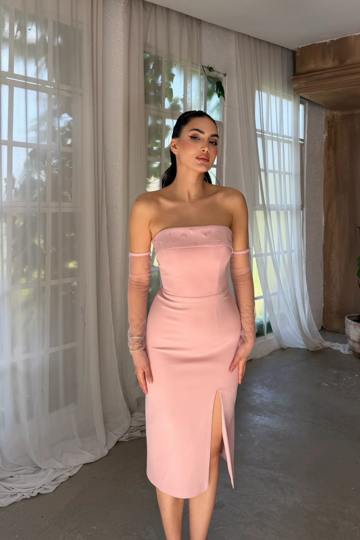 Esin Straplez Kolları Tül Midi Elbise 1079 PUDRA
