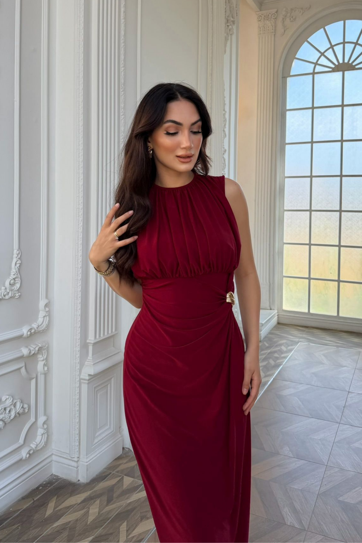 Esla Toka Detay Midi Elbise 5053 BORDO