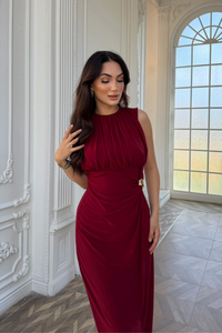 Esla Toka Detay Midi Elbise 5053 BORDO