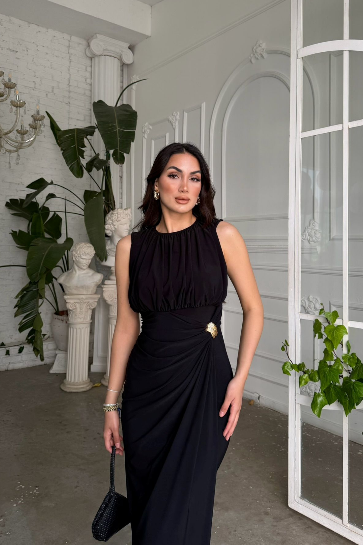 Esla Toka Detay Midi Elbise 5053 SİYAH