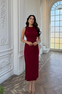 Esla Toka Detay Midi Elbise 5053 BORDO