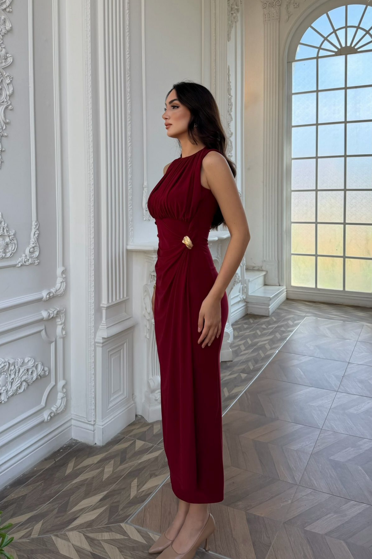 Esla Toka Detay Midi Elbise 5053 BORDO