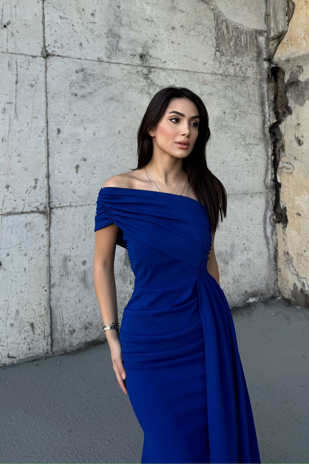 Ewo Kuyruklu Tek Omuz Abiye SAKS MAVİSİ