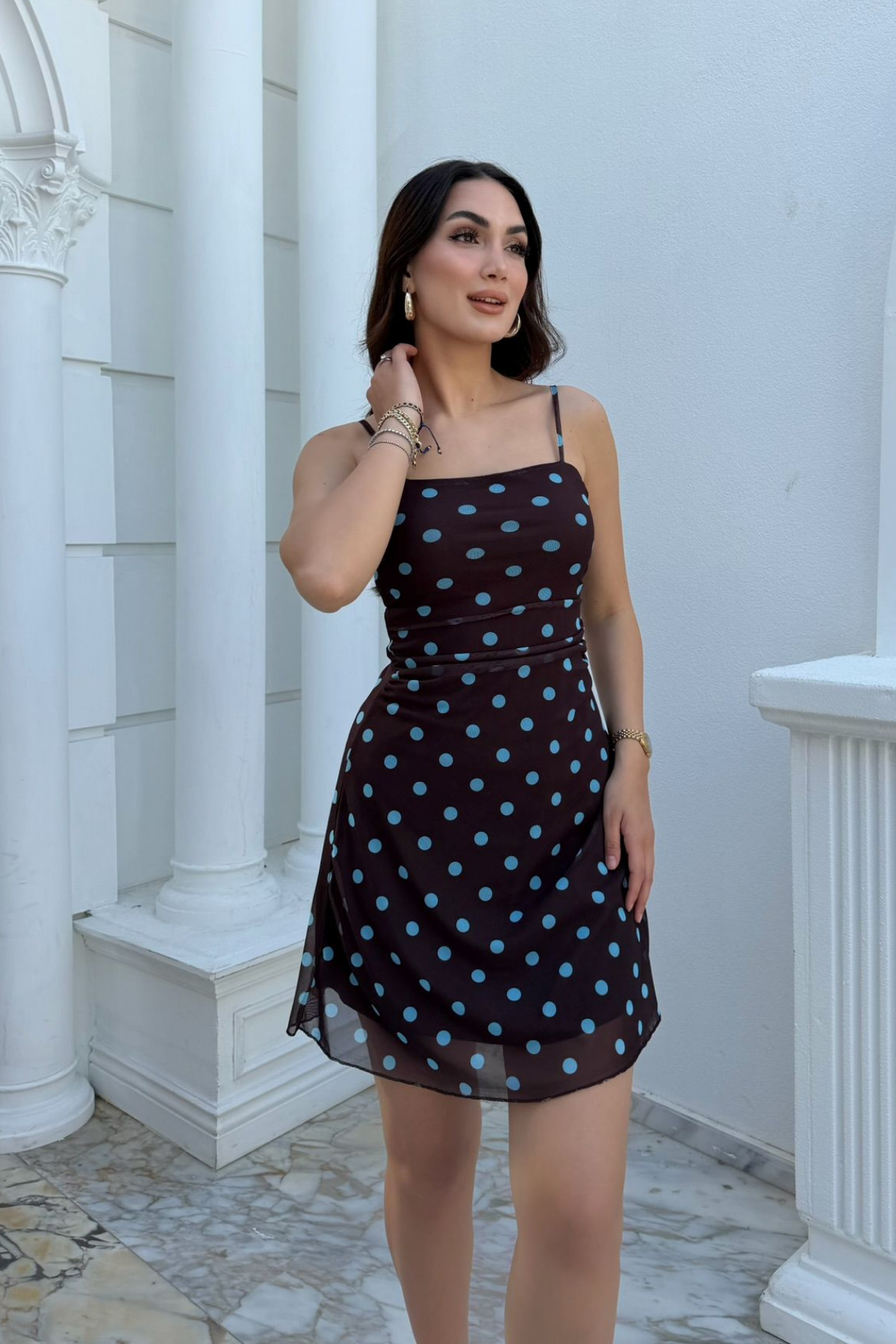 Feris Puantiye Detay İp Askılı Mini Elbise 3051 MAVİ