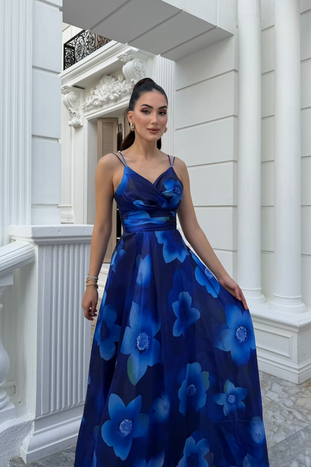 Feza Desenli Askı Detay Abiye 1093 SAKS MAVİSİ