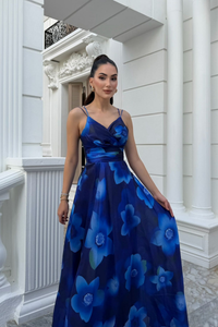 Feza Desenli Askı Detay Abiye 1093 SAKS MAVİSİ