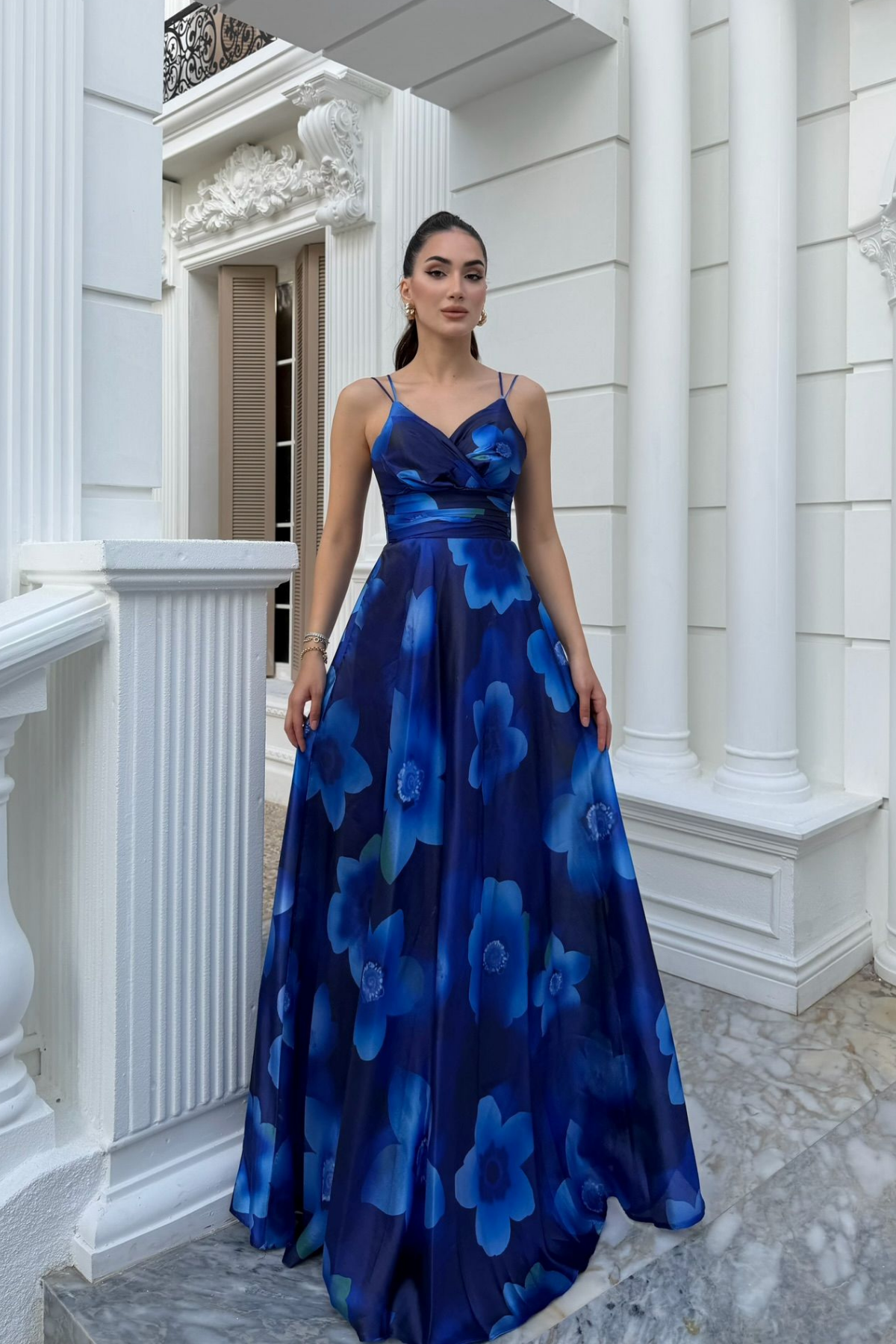 Feza Desenli Askı Detay Abiye 1093 SAKS MAVİSİ