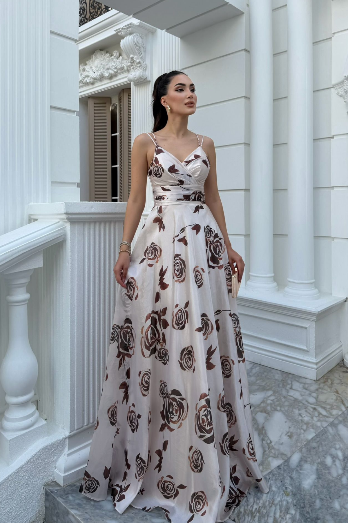 Feza Desenli Askı Detay Abiye 1093 KAHVERENGİ