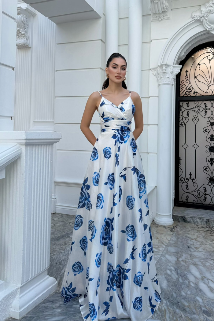 Feza Desenli Askı Detay Abiye 1093 MAVİ-BEYAZ
