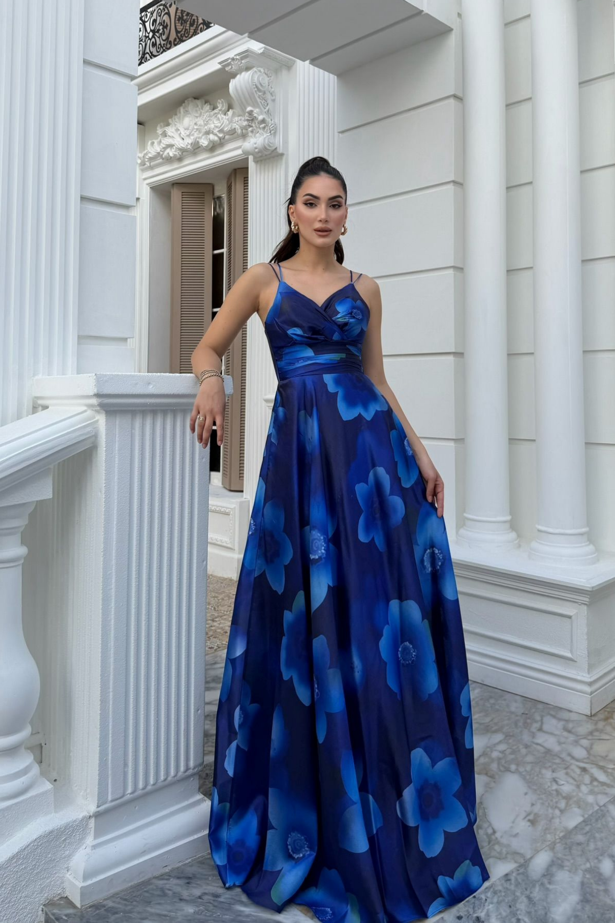 Feza Desenli Askı Detay Abiye 1093 SAKS MAVİSİ