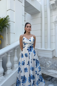 Feza Desenli Askı Detay Abiye 1093 MAVİ-BEYAZ