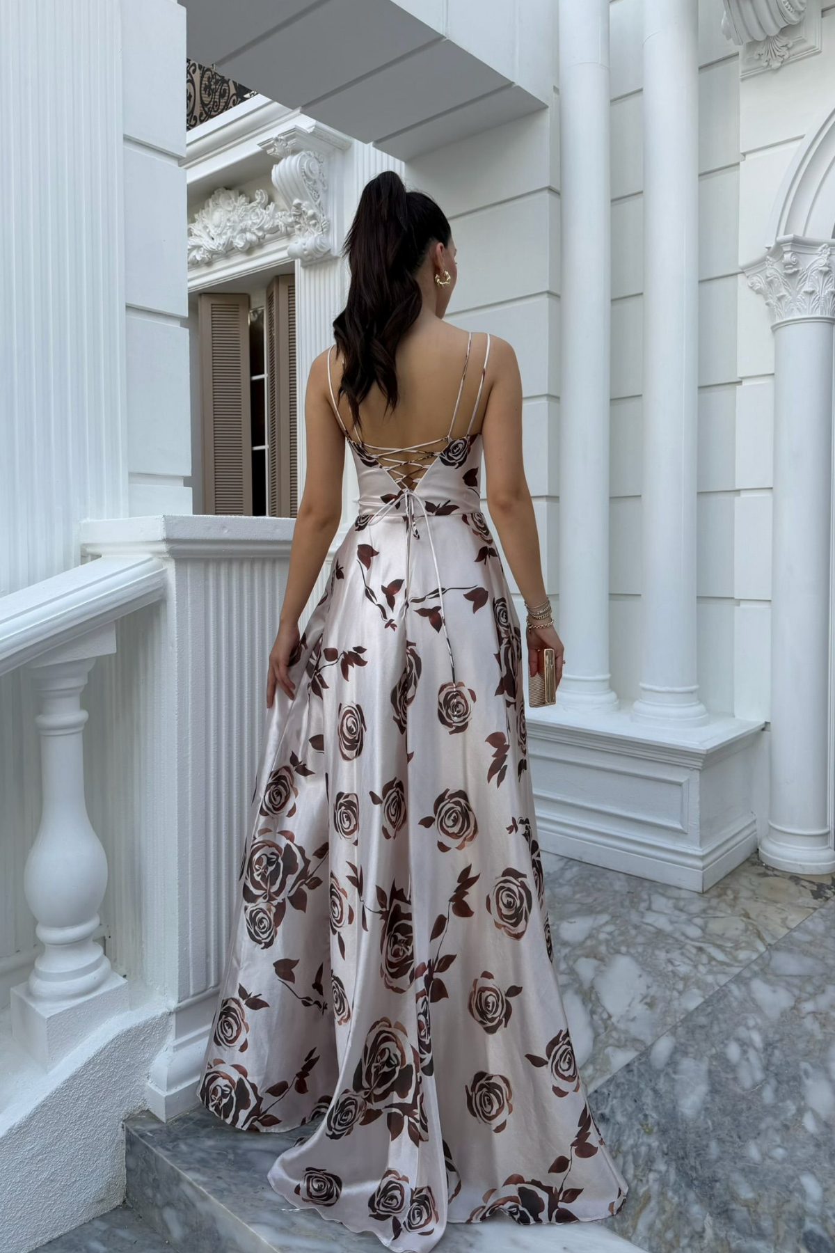 Feza Desenli Askı Detay Abiye 1093 KAHVERENGİ