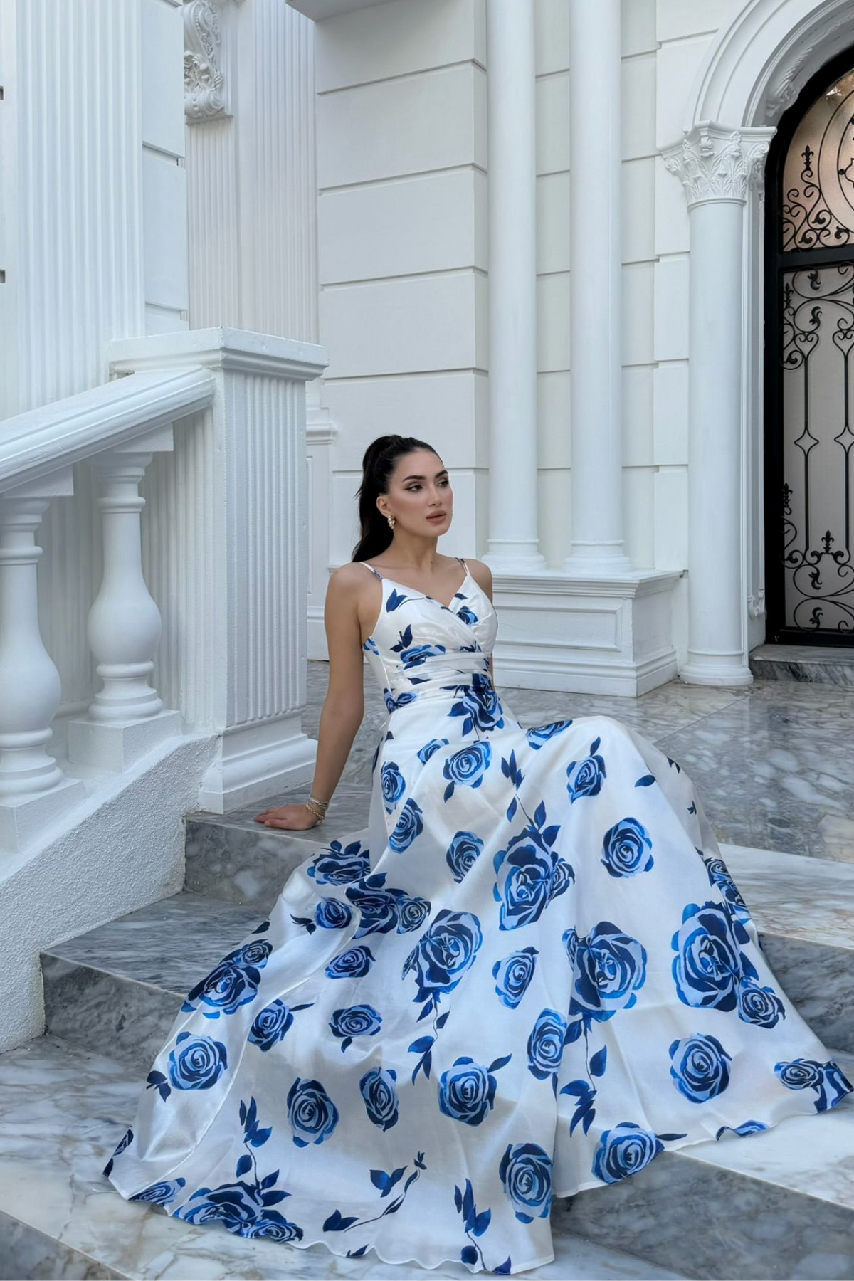 Feza Desenli Askı Detay Abiye 1093 MAVİ-BEYAZ