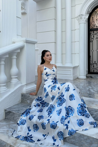 Feza Desenli Askı Detay Abiye 1093 MAVİ-BEYAZ