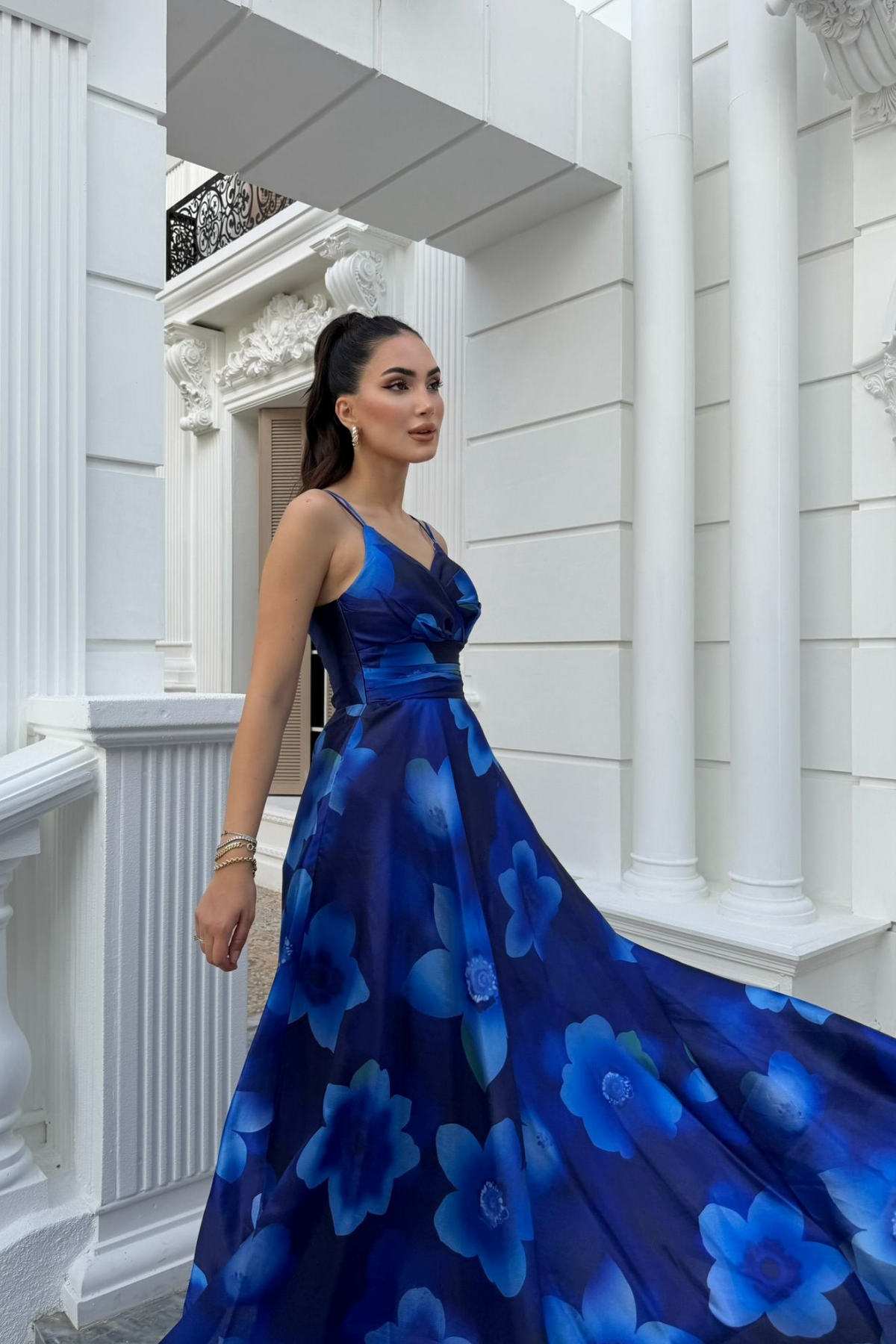Feza Desenli Askı Detay Abiye 1093 SAKS MAVİSİ
