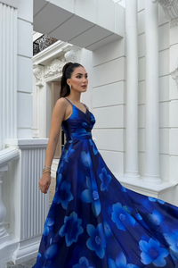 Feza Desenli Askı Detay Abiye 1093 SAKS MAVİSİ