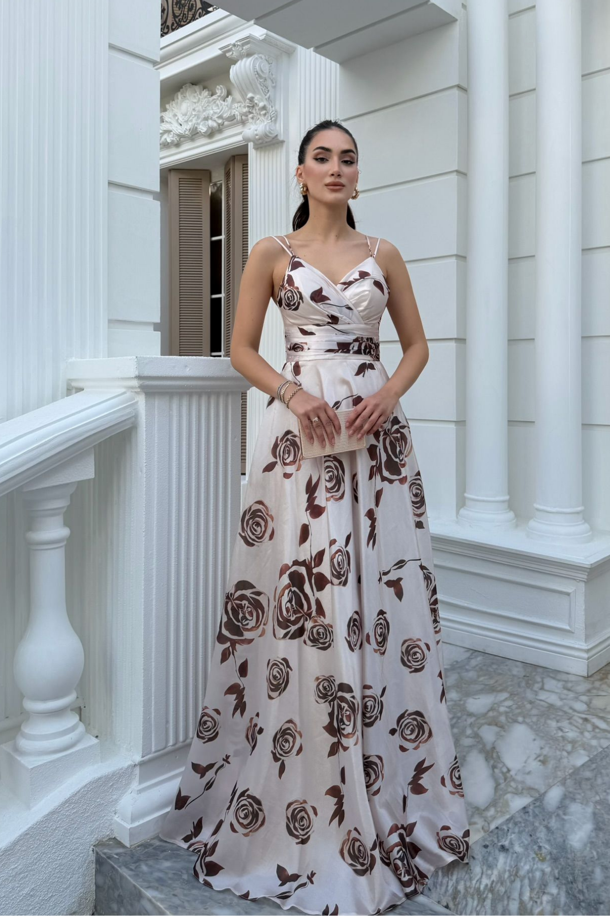 Feza Desenli Askı Detay Abiye 1093 KAHVERENGİ