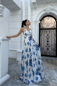 Feza Desenli Askı Detay Abiye 1093 MAVİ-BEYAZ