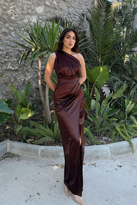 Fiona Tek Kol Drapeli Saten Abiye 582856 ACI KAHVE