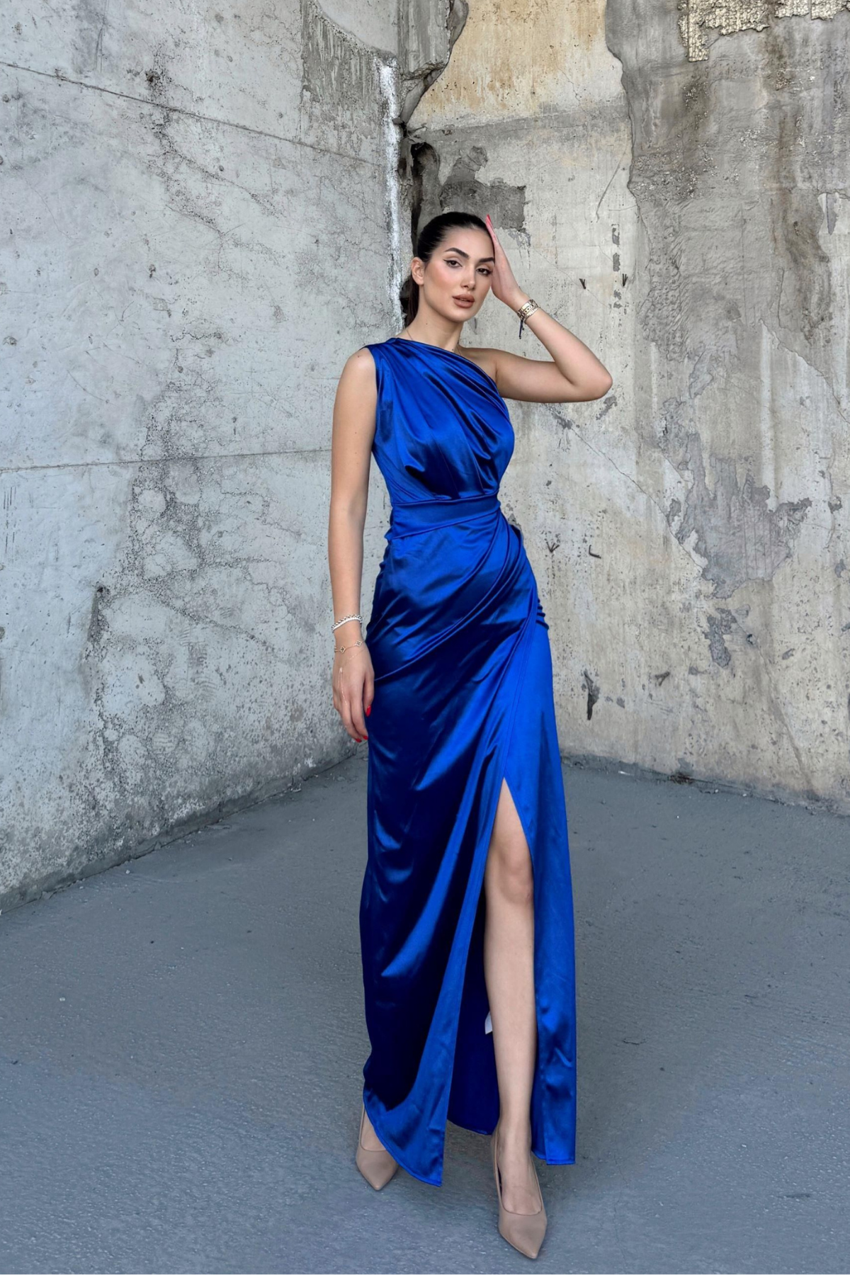 Fiona Tek Kol Drapeli Saten Abiye 582856 SAKS MAVİSİ