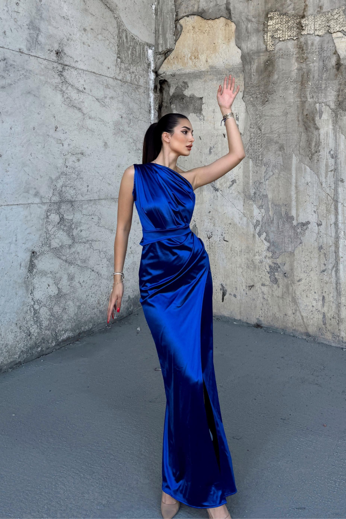 Fiona Tek Kol Drapeli Saten Abiye 582856 SAKS MAVİSİ