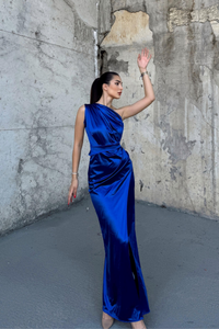 Fiona Tek Kol Drapeli Saten Abiye 582856 SAKS MAVİSİ