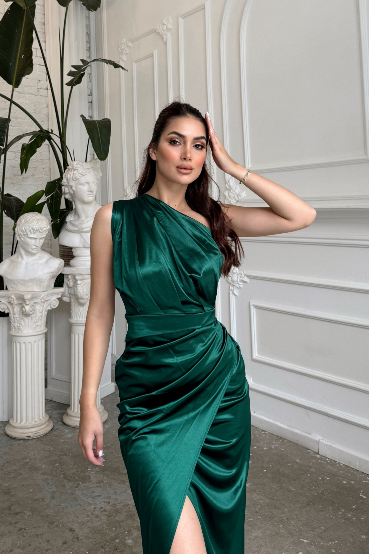 Fiona Tek Kol Drapeli Saten Abiye 582856 ZÜMRÜT