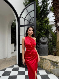 Fiona Tek Kol Drapeli Saten Abiye 582856 KIRMIZI