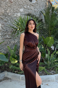 Fiona Tek Kol Drapeli Saten Abiye 582856 ACI KAHVE