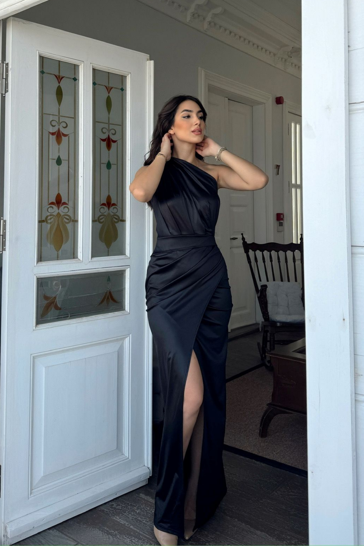 Fiona Tek Kol Drapeli Saten Abiye 582856 SİYAH