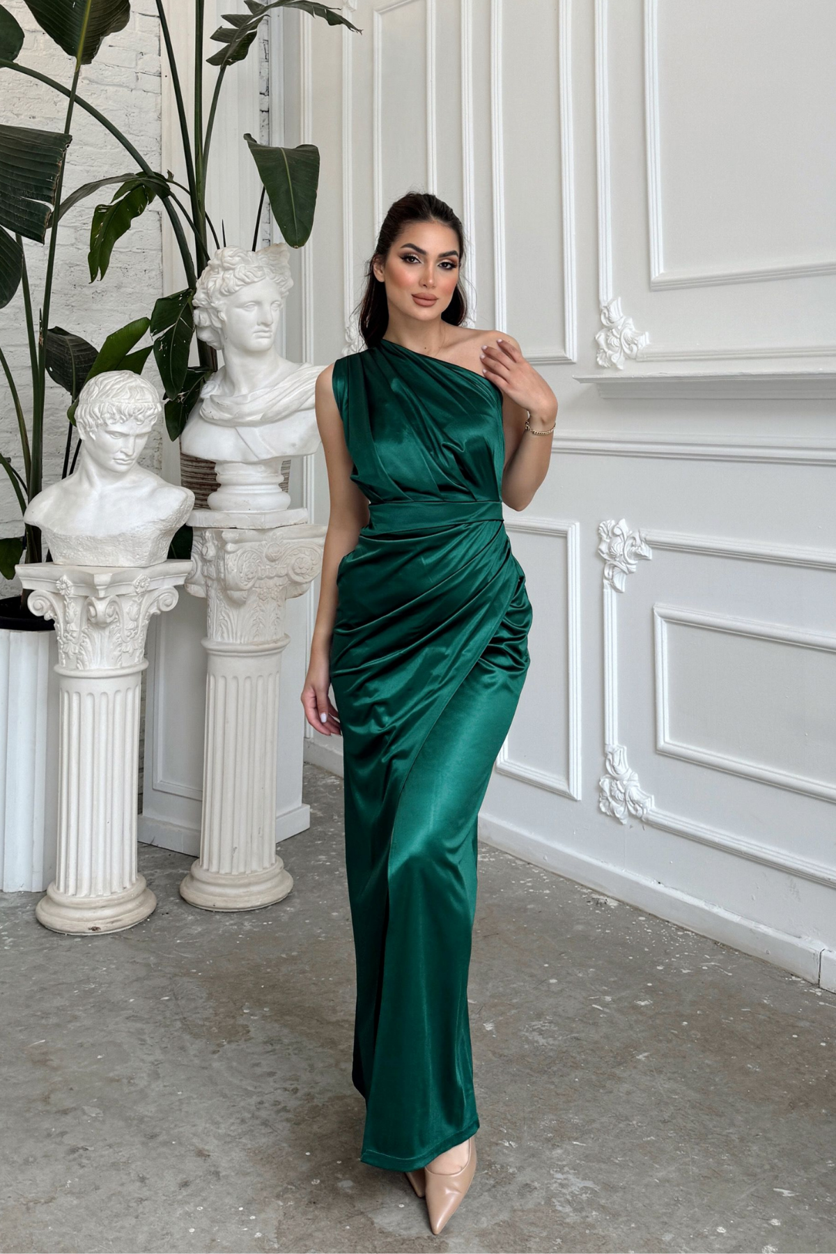 Fiona Tek Kol Drapeli Saten Abiye 582856 ZÜMRÜT