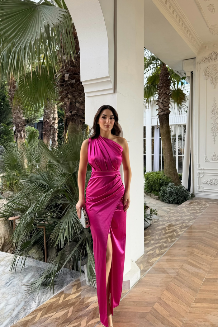 Fiona Tek Kol Drapeli Saten Abiye 582856 FUŞYA