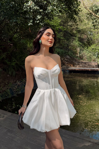Florya Straplez Balon Etek Mini Elbise 1058 BEYAZ