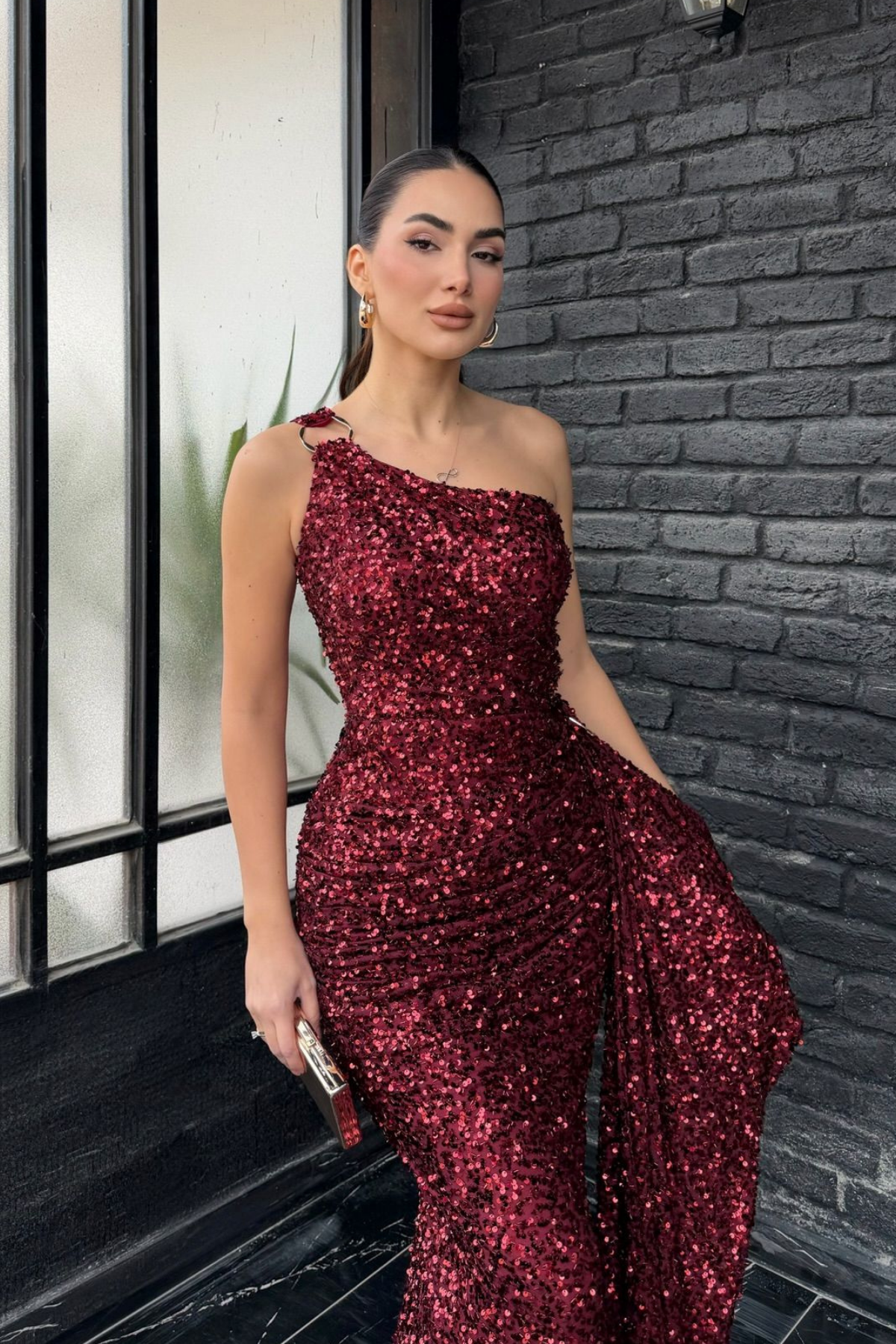 Freya Tek Omuz Tokalı Payet Abiye 1073 BORDO