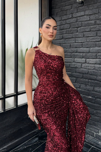 Freya Tek Omuz Tokalı Payet Abiye 1073 BORDO