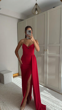 Fulya Straplez Yırtmaçlı Abiye 582467 KIRMIZI