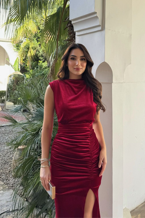 Gabriella Vatkalı Yırtmaçlı Kadife Abiye 9338 KIRMIZI