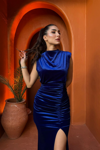 Gabriella Vatkalı Yırtmaçlı Kadife Abiye 9338 SAKS MAVİSİ
