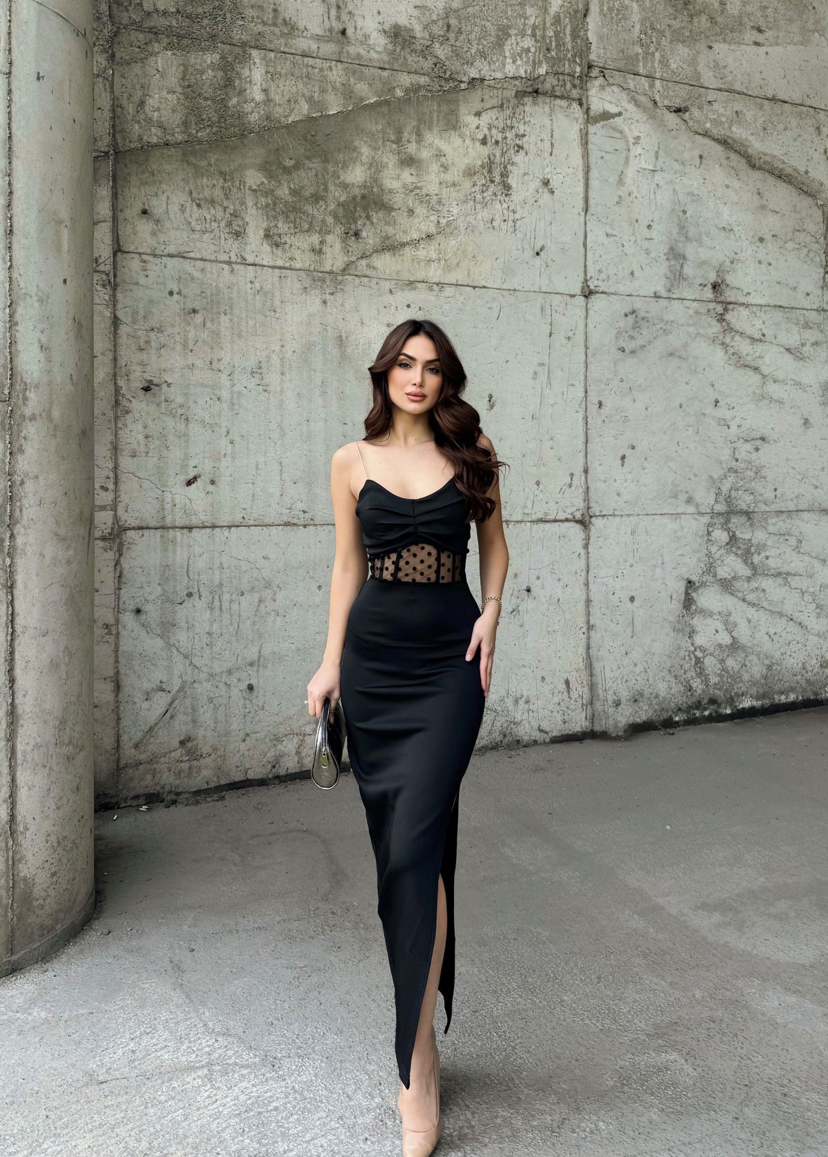 Harriet Taş Askı Bel Transparan Elbise 2485 SİYAH