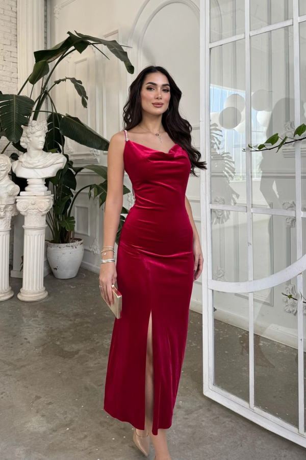Haven Zincir Detaylı Midi Boy Elbise 9333 KIRMIZI