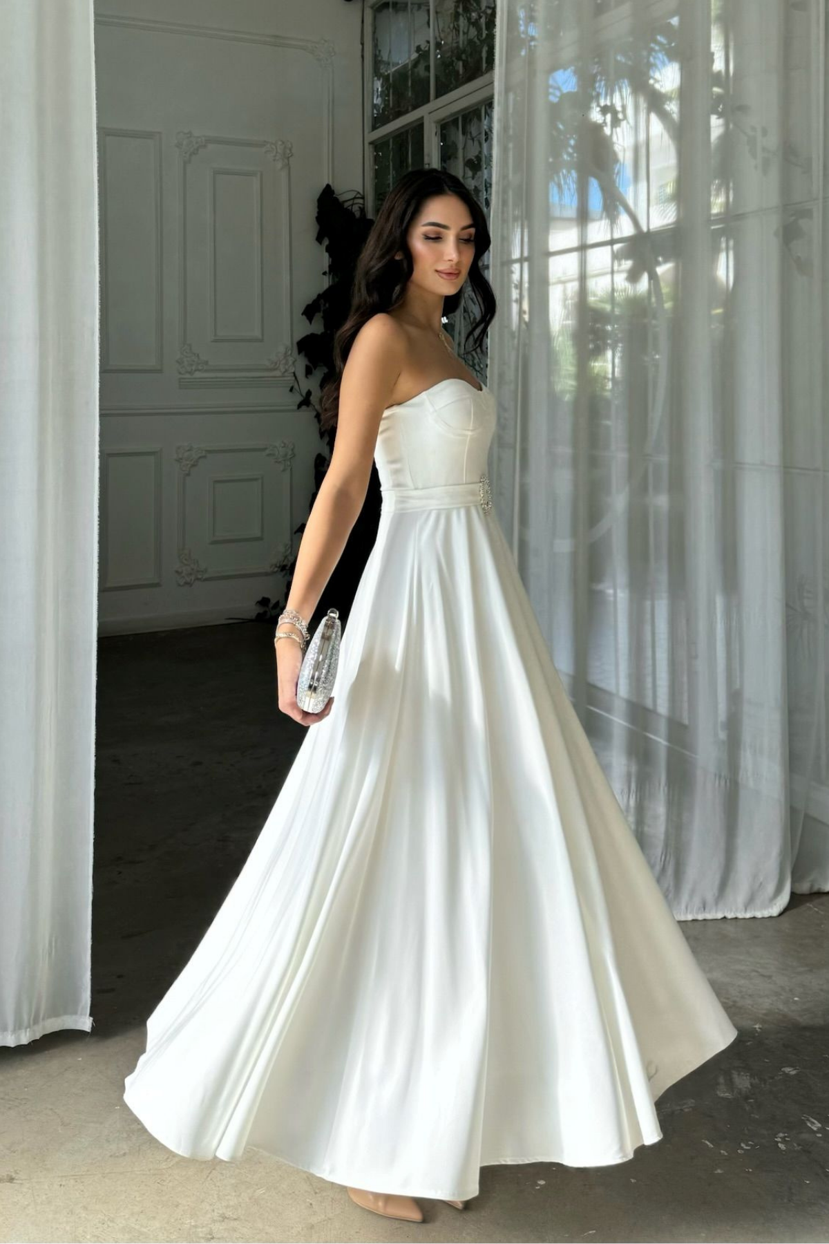 Hazal Straplez Toka Detay Abiye 9313 BEYAZ