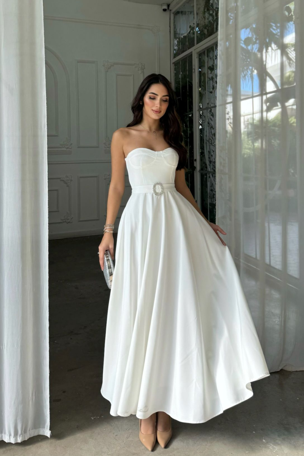 Hazal Straplez Toka Detay Abiye 9313 BEYAZ
