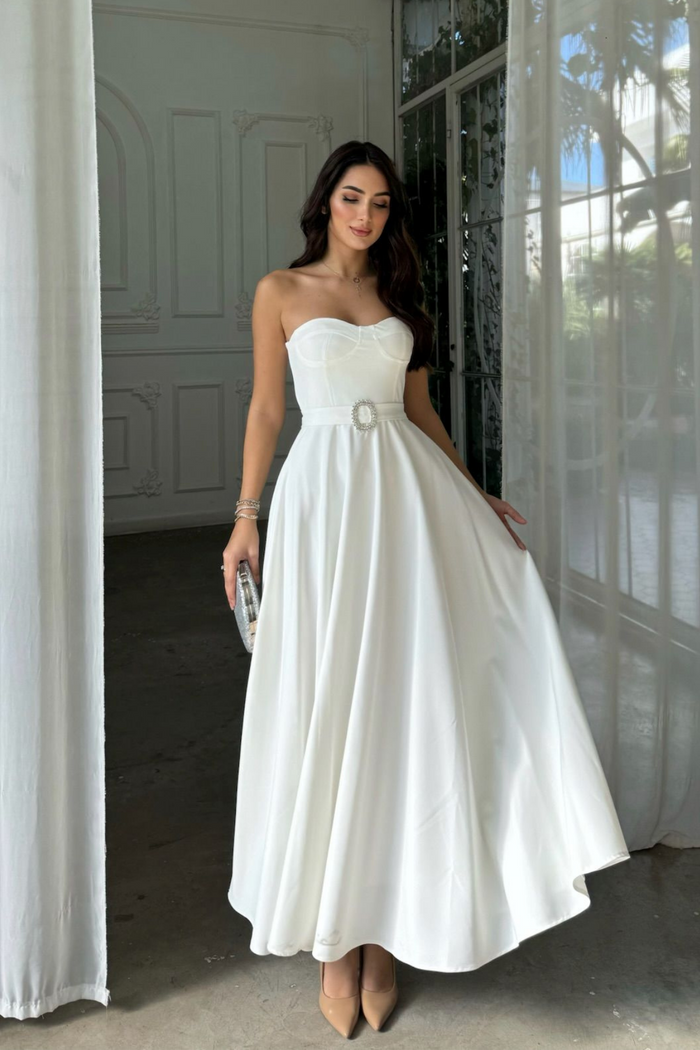 Hazal Straplez Toka Detay Abiye 9313 BEYAZ