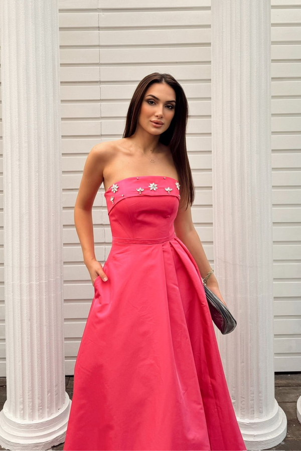 Hazel Straplez Işlemeli Saten Abiye 4747 FUŞYA