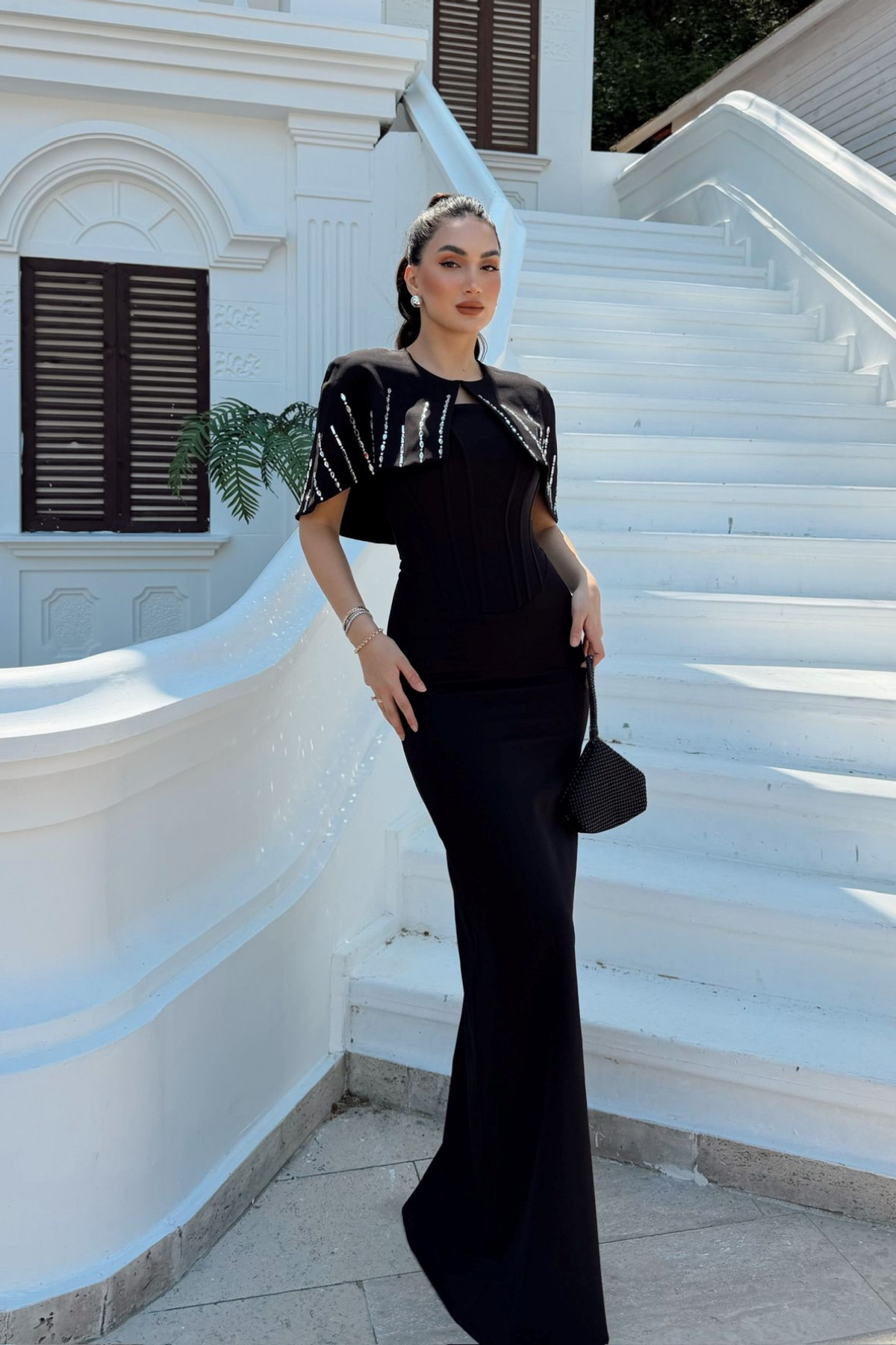Helin Pelerin Detay Straplez Abiye 1204 SİYAH