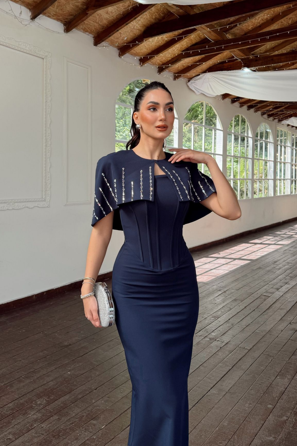 Helin Pelerin Detay Straplez Abiye 1204 LACİVERT
