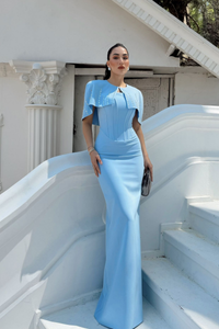 Helin Pelerin Detay Straplez Abiye 1204 BEBE MAVİSİ