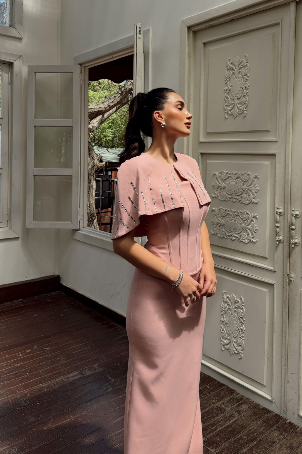 Helin Pelerin Detay Straplez Abiye 1204 PUDRA